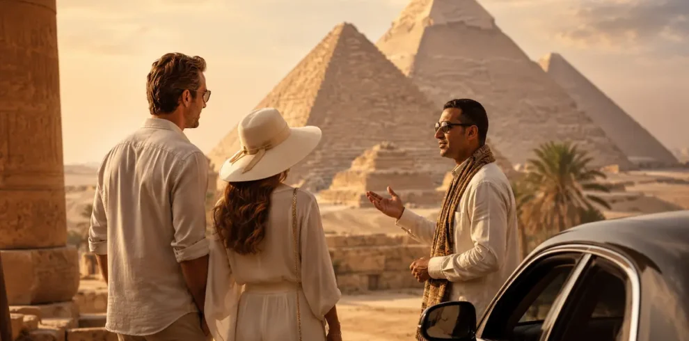 Private tailor-made Egypt journey with travelers and a local guide exploring ancient temples