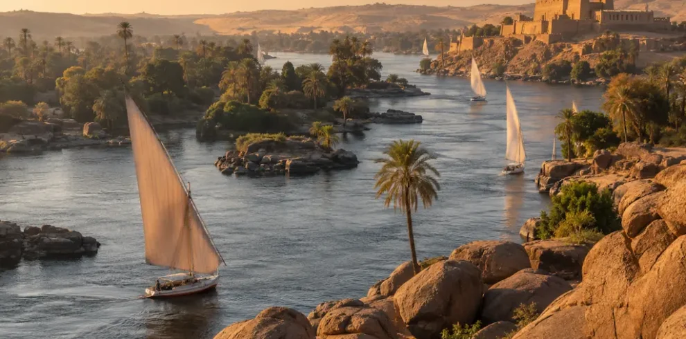 Felucca boats sailing on the Nile River in Aswan, Egypt