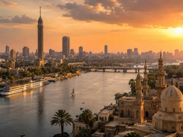 Cairo skyline with the Nile River and Cairo Tower at sunset