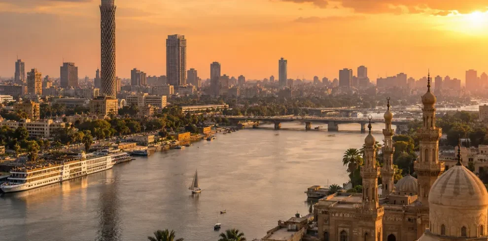 Cairo skyline with the Nile River and Cairo Tower at sunset