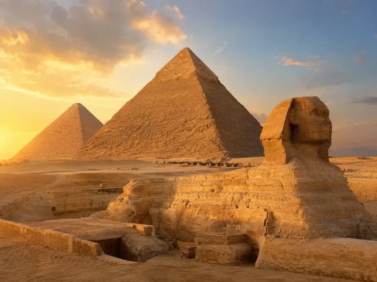 أهرامات الجيزة وأبو الهول في مصر وقت الغروب