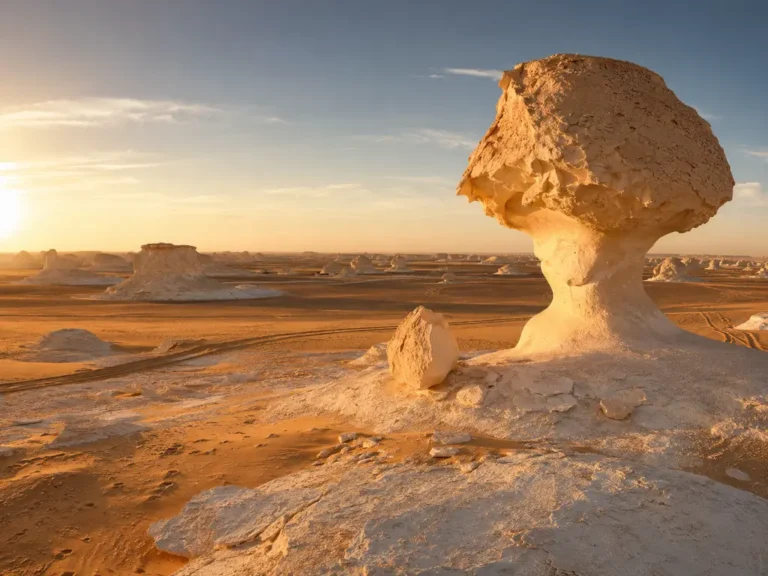 White Desert rock formations in Egypt’s Western Desert at golden hour