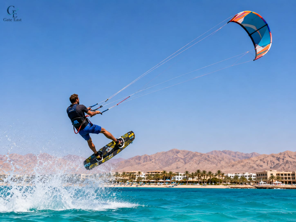 Kitesurfer jumping above the Red Sea in Egypt with mountains and resort in the background