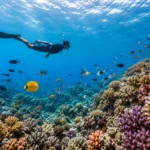 Taucher schwimmt zwischen farbenfrohen Korallenriffen im Roten Meer, Ägypten
