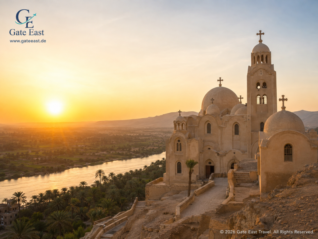 Koptisches Kloster Drunka auf einem Berg bei Assiut mit Blick über den Nil und das grüne Niltal