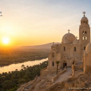 Koptisches Kloster Drunka auf einem Berg bei Assiut mit Blick über den Nil und das grüne Niltal