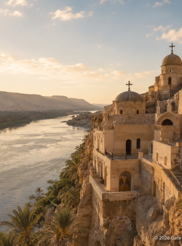 Koptisches Kloster Gabal El-Tair auf einer Felsklippe mit Blick auf den Nil bei Minya