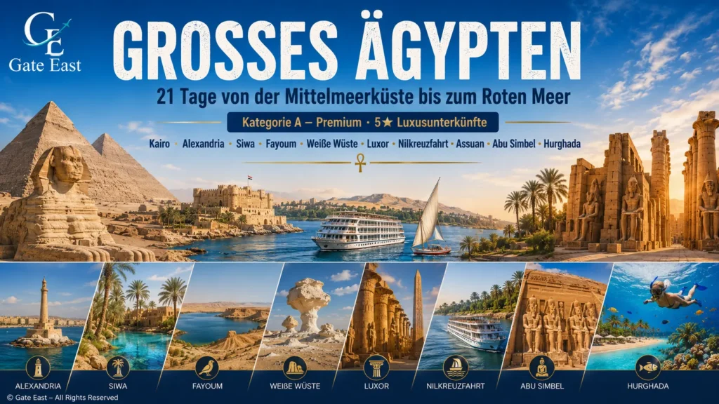 Panorama der 21-tägigen Premium-Rundreise „Großes Ägypten“ mit Pyramiden, Nilkreuzfahrt, Abu Simbel und Rotem Meer