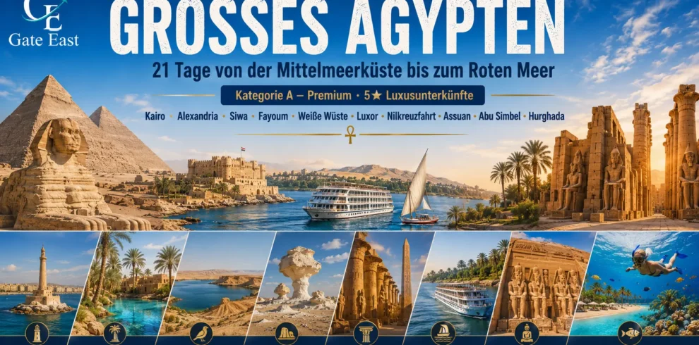 Panorama der 21-tägigen Premium-Rundreise „Großes Ägypten“ mit Pyramiden, Nilkreuzfahrt, Abu Simbel und Rotem Meer
