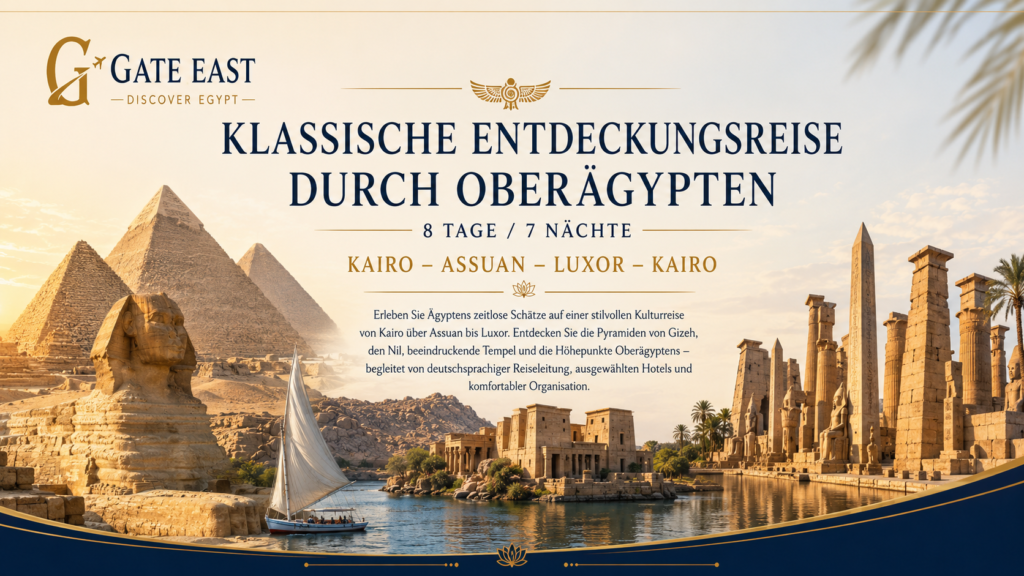 Titelbild der klassischen Entdeckungsreise durch Oberägypten von Gate East mit Pyramiden von Gizeh, Sphinx, Nil und Tempelanlagen von Luxor