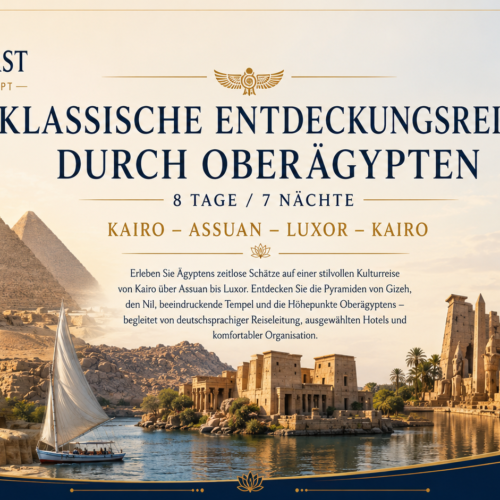 Titelbild der klassischen Entdeckungsreise durch Oberägypten von Gate East mit Pyramiden von Gizeh, Sphinx, Nil und Tempelanlagen von Luxor