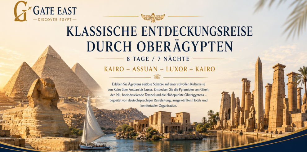 Titelbild der klassischen Entdeckungsreise durch Oberägypten von Gate East mit Pyramiden von Gizeh, Sphinx, Nil und Tempelanlagen von Luxor