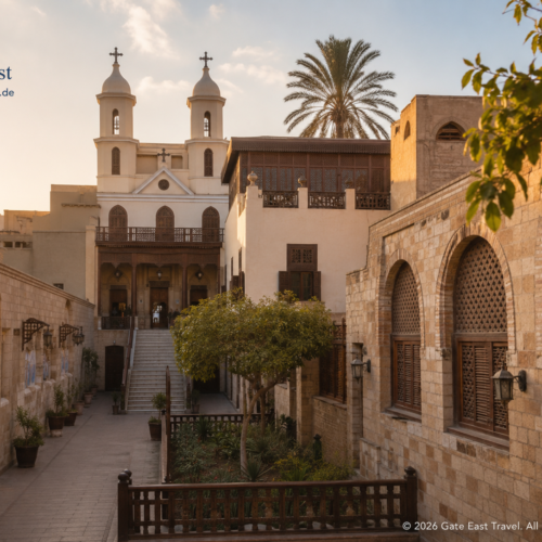 Historische koptische Kirche mit traditionellem Innenhof und Steinarchitektur in Alt-Kairo