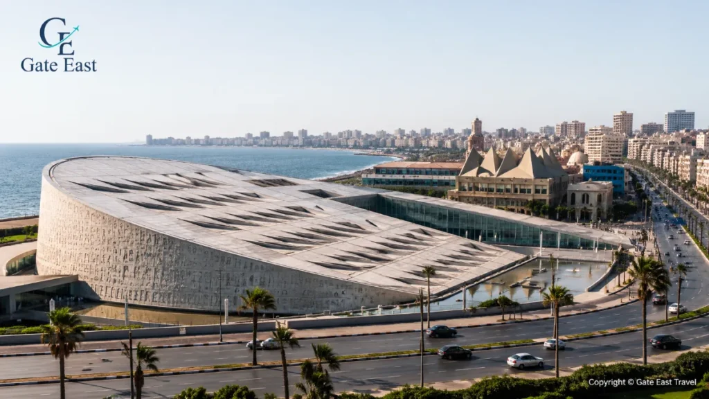 Das ikonische architektonische Design der Bibliotheca Alexandrina in Alexandria, Ägypten