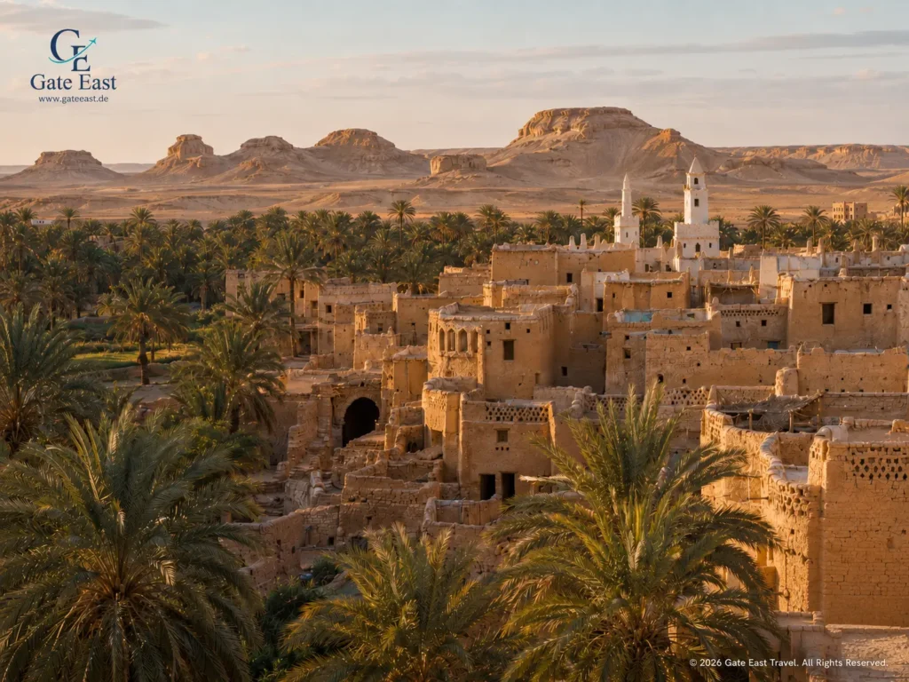 Traditionelles Oasendorf in der Dakhla-Oase mit Lehmhäusern, Palmenhainen und Wüstenlandschaft in Ägypten