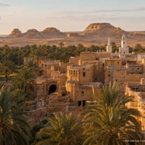 Traditionelles Oasendorf in der Dakhla-Oase mit Lehmhäusern, Palmenhainen und Wüstenlandschaft in Ägypten