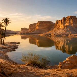Magic Lake in Fayoum mit Palmen, goldenen Felsformationen und ruhigem Wasser bei Sonnenuntergang