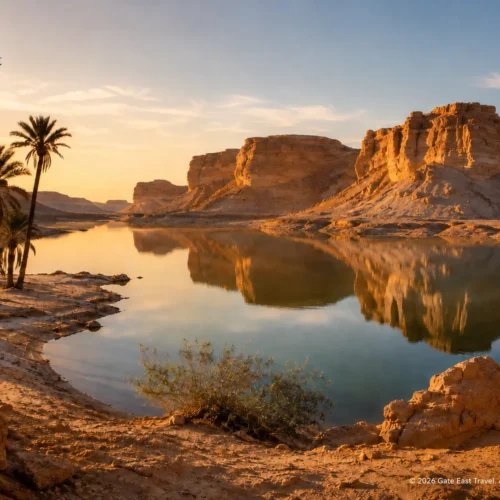 Magic Lake in Fayoum mit Palmen, goldenen Felsformationen und ruhigem Wasser bei Sonnenuntergang