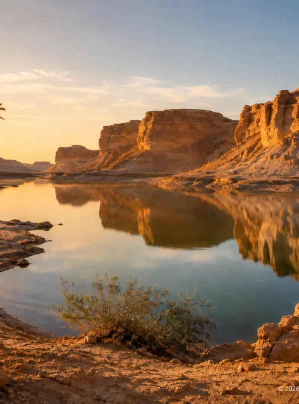 Magic Lake in Fayoum mit Palmen, goldenen Felsformationen und ruhigem Wasser bei Sonnenuntergang