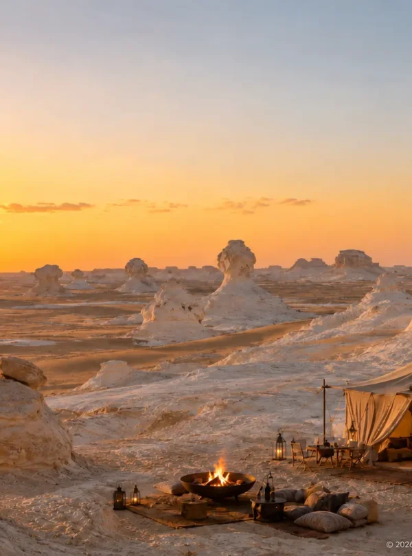 Luxuriöses Wüstencamp zwischen den weißen Kalksteinformationen der Weißen Wüste bei Sonnenuntergang