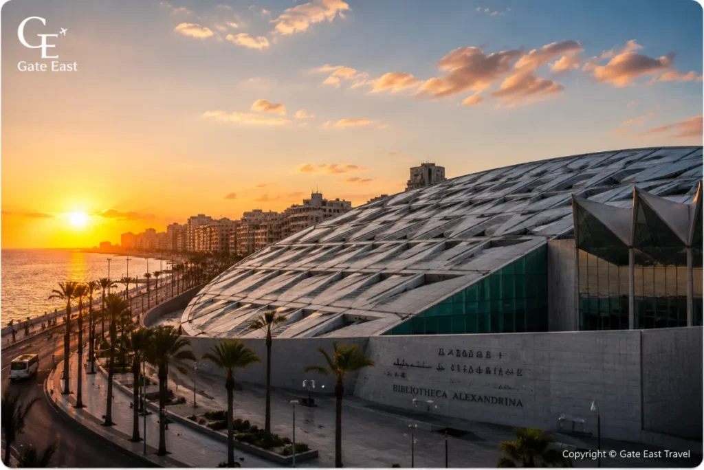 Visitors exploring the Bibliotheca Alexandrina, one of Egypt's leading cultural and educational landmarks