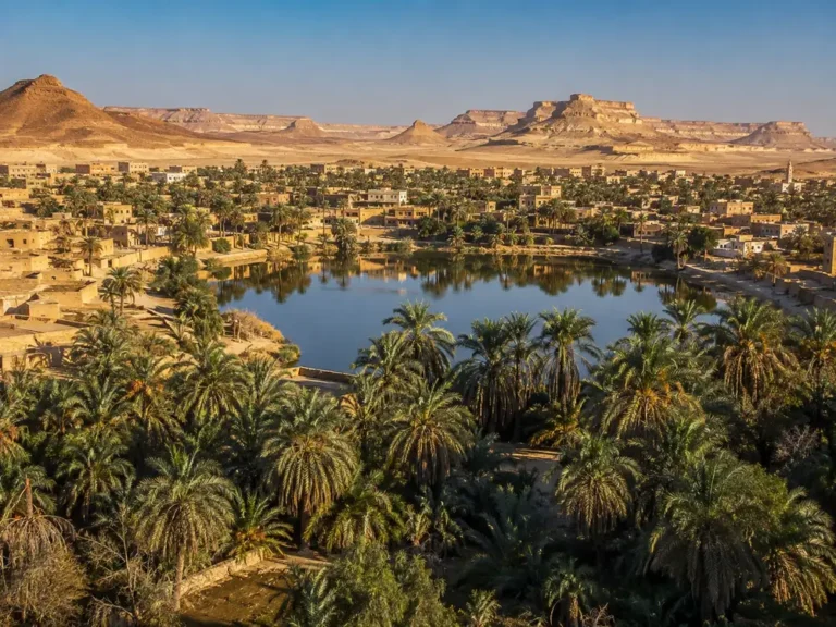 Palmenhaine der Bahariya-Oase vor Wüstenhügeln in Ägypten