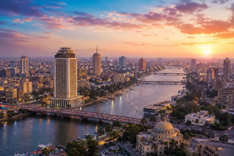 أفق القاهرة ونهر النيل وقت الغروب في مصر