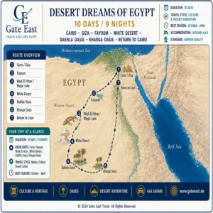 Route map of the 10-day Desert Dreams of Egypt tour covering Cairo, Giza, Fayoum, Wadi El Hitan, the White Desert, Dakhla Oasis and Kharga Oasis.