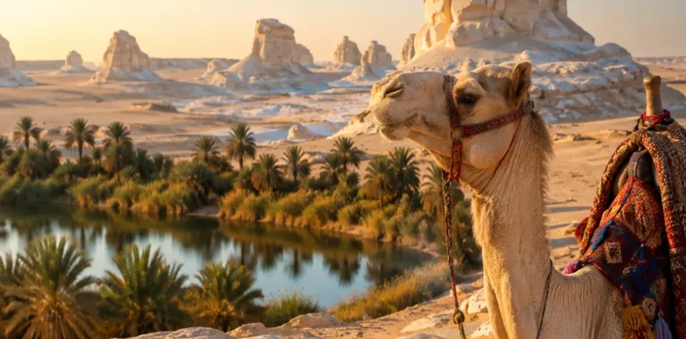 Kamel vor einer grünen Oase mit Palmen und den weißen Kalkformationen der Weißen Wüste in Ägypten.
