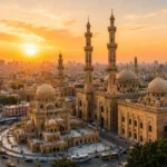 مسجد السلطان حسن ومسجد الرفاعي في القاهرة التاريخية عند غروب الشمس.