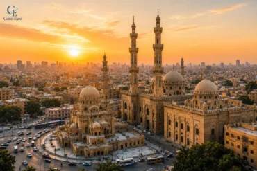 مسجد السلطان حسن ومسجد الرفاعي في القاهرة التاريخية عند غروب الشمس.