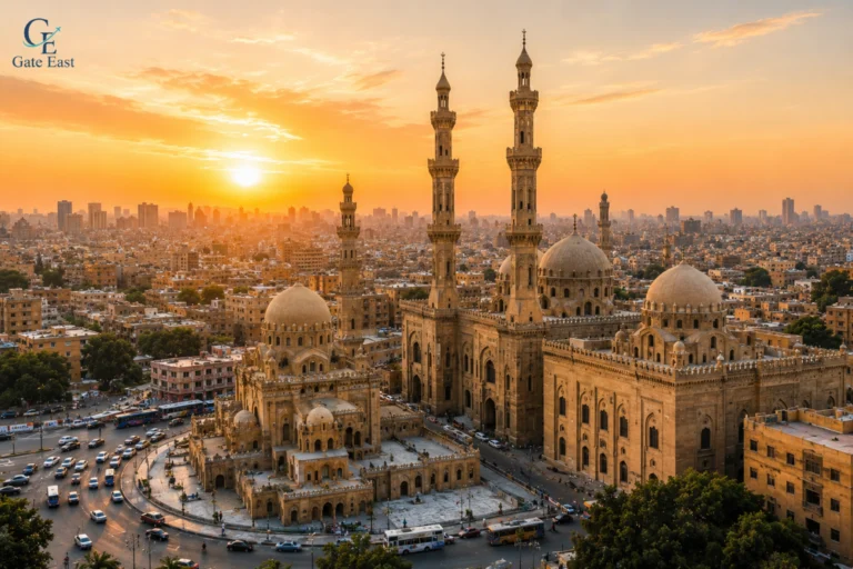 مسجد السلطان حسن ومسجد الرفاعي في القاهرة التاريخية عند غروب الشمس.