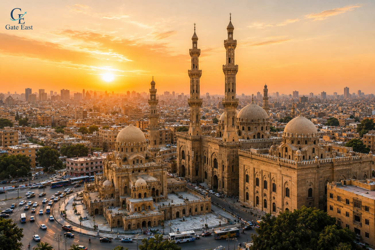 مسجد السلطان حسن ومسجد الرفاعي في القاهرة التاريخية عند غروب الشمس.