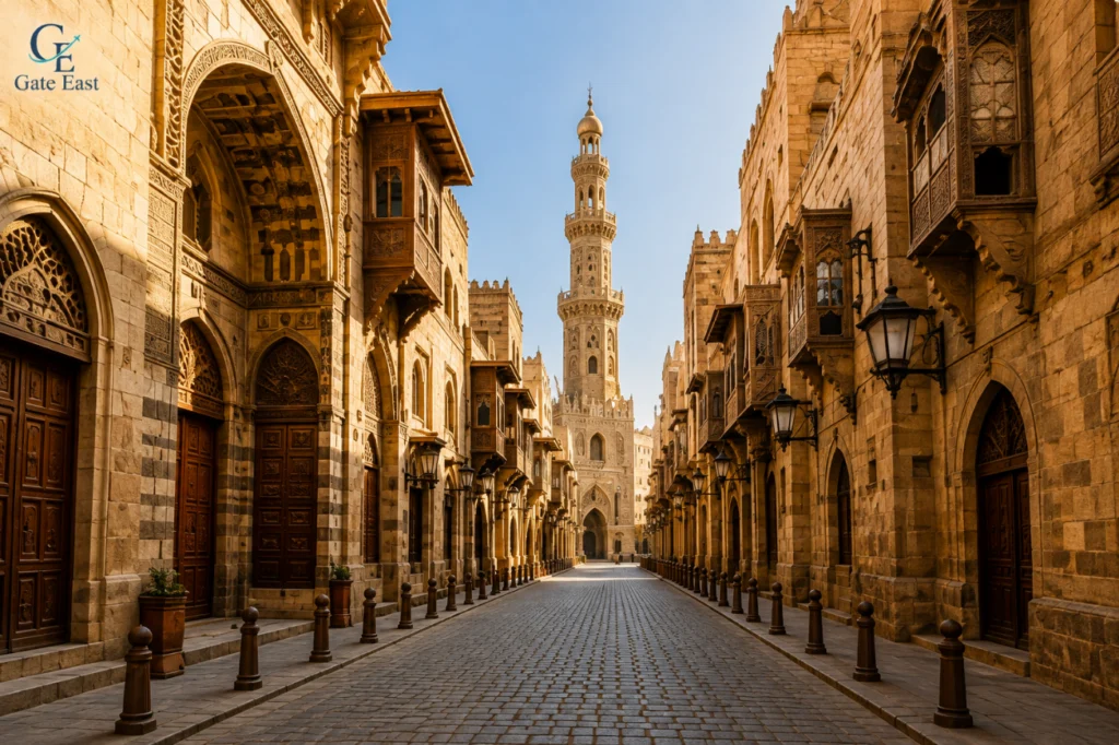 شارع المعز في القاهرة التاريخية محاط بالمساجد والمباني الإسلامية الأثرية.