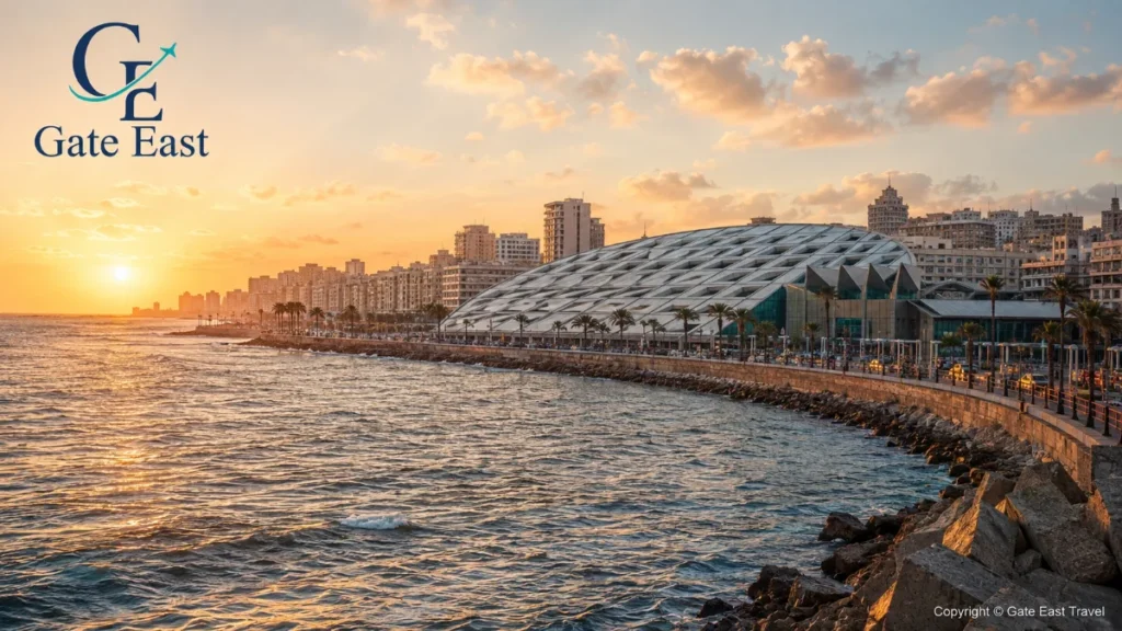 مكتبة الإسكندرية عند الغروب على ساحل البحر المتوسط