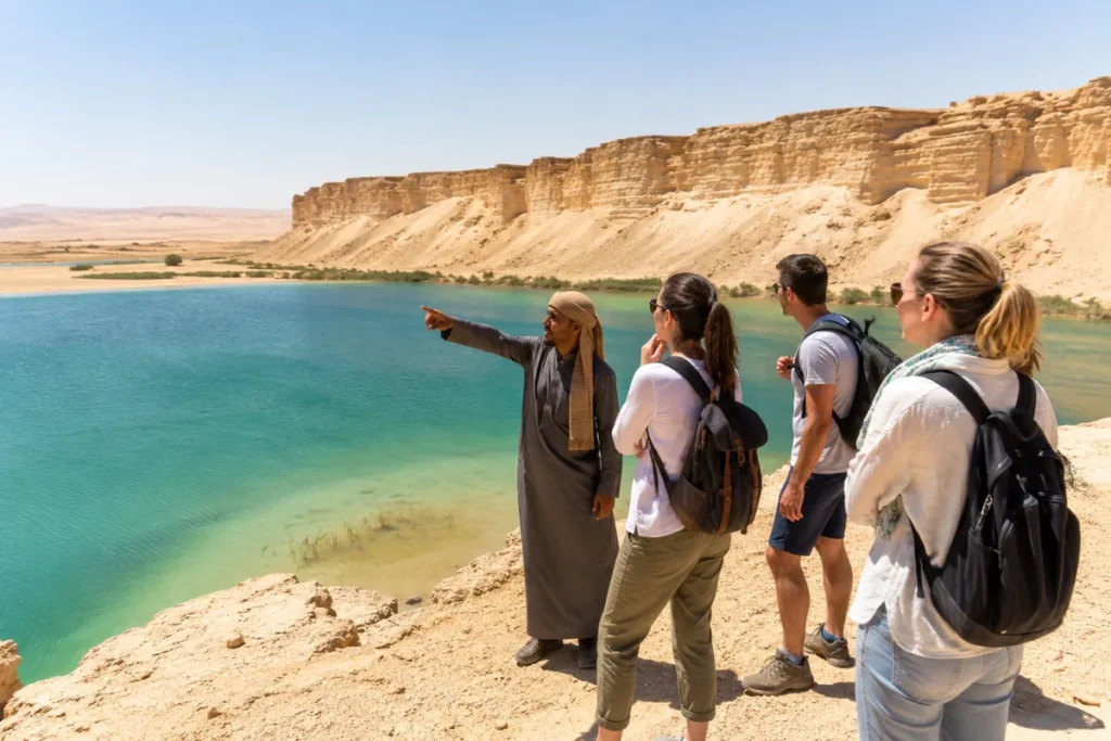 Reisende mit einem Guide an einem Wüstensee in Fayoum während einer 13-tägigen Ägypten Küsten- und Wüstenreise