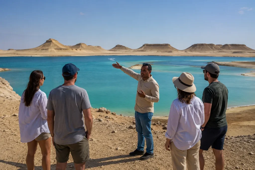 Reiseleitung mit Reisenden an einem türkisfarbenen See vor Wüstenhügeln in Fayoum
