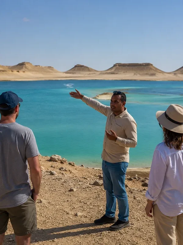 Reiseleitung mit Reisenden an einem türkisfarbenen See vor Wüstenhügeln in Fayoum