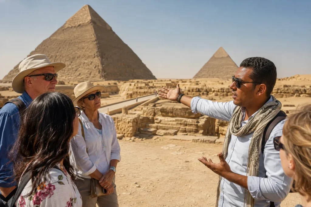 Ägyptologe erklärt einer Reisegruppe die Pyramiden von Gizeh im Hintergrund