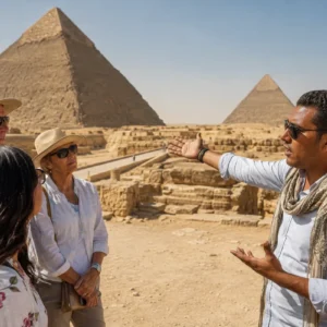 Ägyptologe erklärt einer Reisegruppe die Pyramiden von Gizeh im Hintergrund
