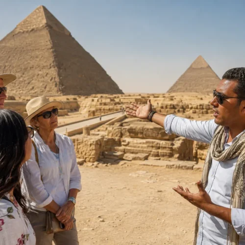 Ägyptologe erklärt einer Reisegruppe die Pyramiden von Gizeh im Hintergrund