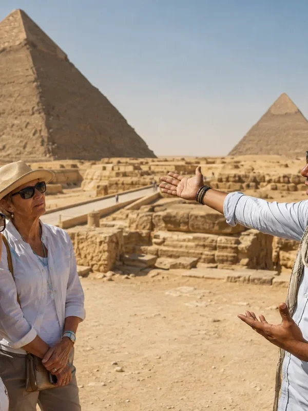 Ägyptologe erklärt einer Reisegruppe die Pyramiden von Gizeh im Hintergrund