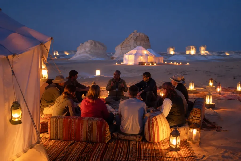 Reisende sitzen abends zwischen Laternen in einem Wüstencamp in der Weißen Wüste