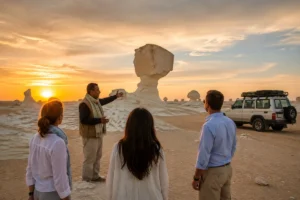 Guide with travelers beside white rock formations in Egypt’s White Desert at sunset