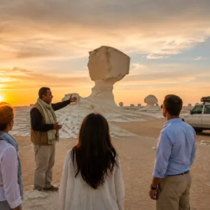 Guide with travelers beside white rock formations in Egypt’s White Desert at sunset
