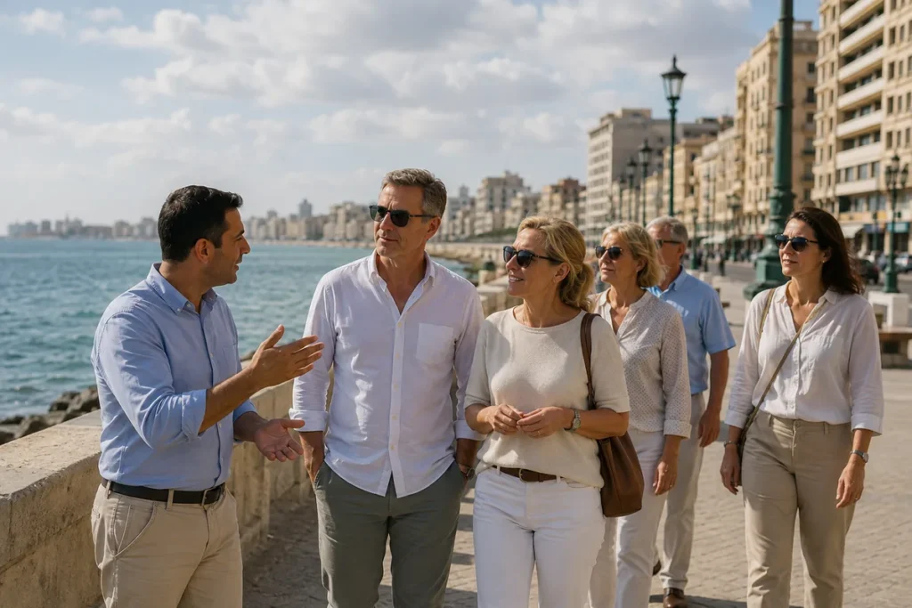 Reiseleitung mit Gästen an der Corniche von Alexandria am Mittelmeer