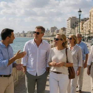 Reiseleitung mit Gästen an der Corniche von Alexandria am Mittelmeer