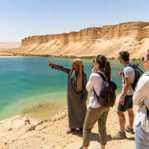 Reiseleitung mit Gästen an einem türkisfarbenen See in der Wüstenlandschaft von Fayoum