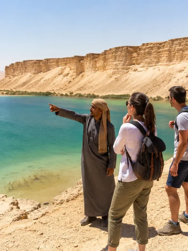 Reiseleitung mit Gästen an einem türkisfarbenen See in der Wüstenlandschaft von Fayoum