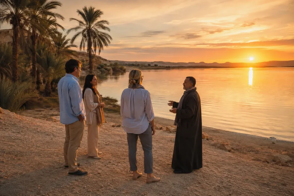 Gäste mit lokaler Reiseleitung an einem See der Oase Siwa bei Sonnenuntergang
